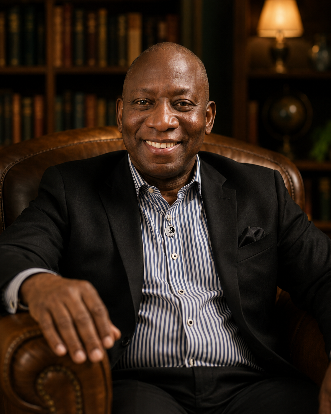 Alvin Bess seated in a leather chair in a library