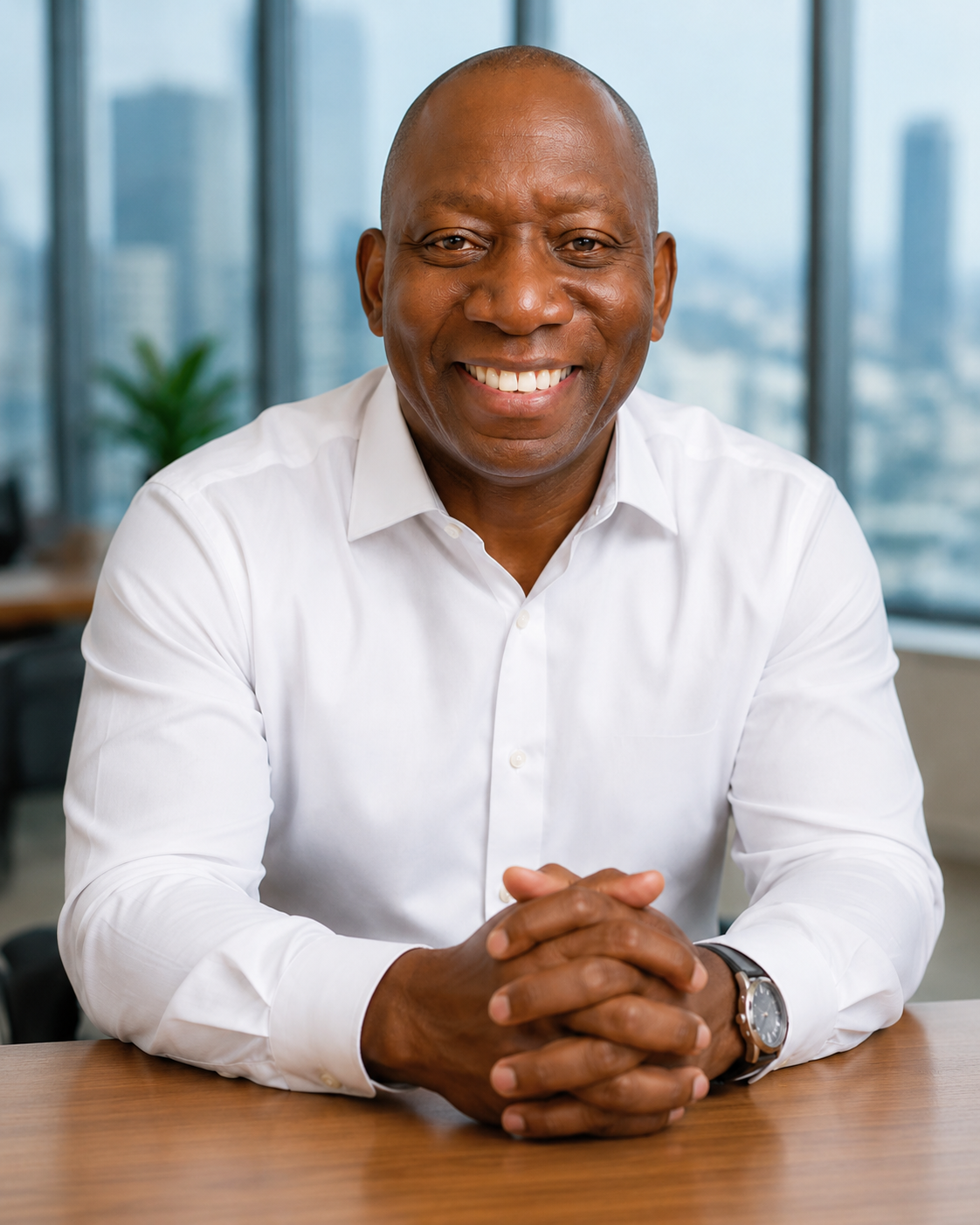 Alvin Bess in a white shirt seated before a city skyline